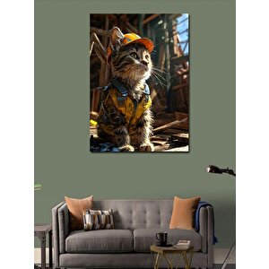 Kanvas Tablo Sarı Baret Takan Yorgun İnşaatçı Kedi 70x100 cm
