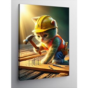 Kanvas Tablo Çivi Çakan İnşaatçı Kedi