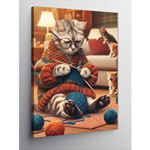 Kanvas Tablo Örgü Yapan Kedi 100x140 cm