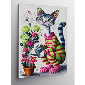 Kanvas Tablo Sevimli Kedi Çiçek Sularken 100x140 cm