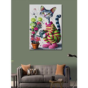 Kanvas Tablo Sevimli Kedi Çiçek Sularken 100x140 cm