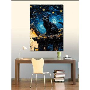 Kanvas Tablo Yağlı Boya Siyah Kedi Ve Yıldızlar 100x140 cm