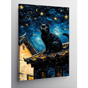 Kanvas Tablo Yağlı Boya Siyah Kedi Ve Yıldızlar