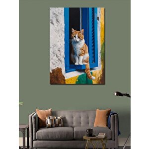 Kanvas Tablo Mavi Penceredeki Kedi 100x140 cm