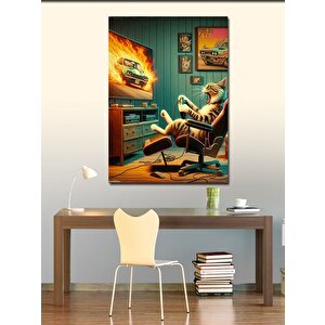 Kanvas Tablo Oyun Oynayan Gamer Kedi 70x100 cm