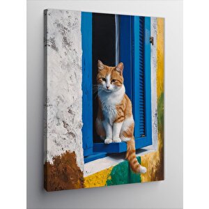 Kanvas Tablo Mavi Penceredeki Kedi