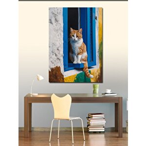 Kanvas Tablo Mavi Penceredeki Kedi