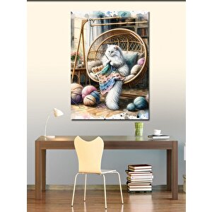 Kanvas Tablo Örgü Yapan Beyaz Kedi Ve İplikler 100x140 cm