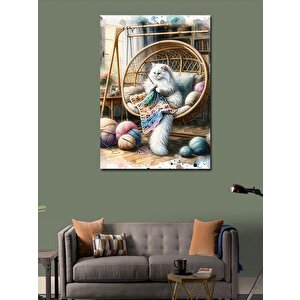 Kanvas Tablo Örgü Yapan Beyaz Kedi Ve İplikler 100x140 cm