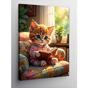 Kanvas Tablo Kitap Okuyan Yavru Kedi 100x140 cm