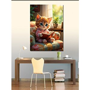 Kanvas Tablo Kitap Okuyan Yavru Kedi 100x140 cm