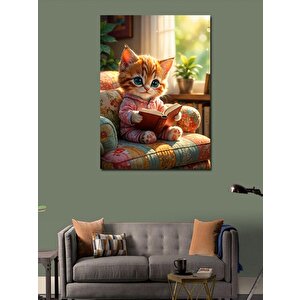 Kanvas Tablo Kitap Okuyan Yavru Kedi 100x140 cm