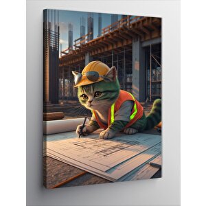 Kanvas Tablo Proje Çizen Yeşil Mühendis Kedi