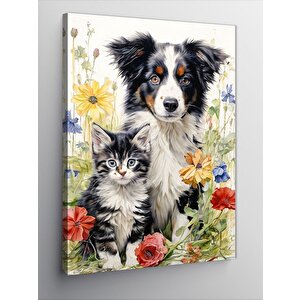 Kanvas Tablo Köpek Kedi Ve Çiçekler