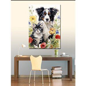 Kanvas Tablo Köpek Kedi Ve Çiçekler