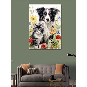 Kanvas Tablo Köpek Kedi Ve Çiçekler