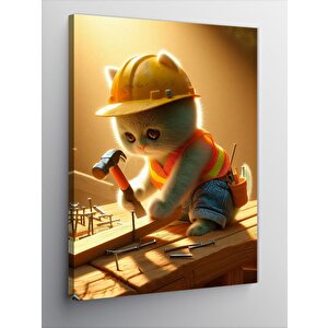 Kanvas Tablo Çivi Çakan Sarı Baretli İnşaatçı Kedi 100x140 cm