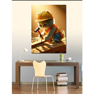 Kanvas Tablo Çivi Çakan Sarı Baretli İnşaatçı Kedi 100x140 cm