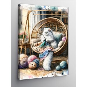 Kanvas Tablo Örgü Yapan Beyaz Kedi Ve İplikler