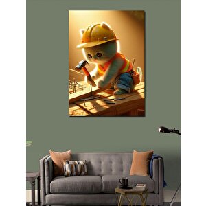 Kanvas Tablo Çivi Çakan Sarı Baretli İnşaatçı Kedi