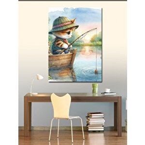 Kanvas Tablo Gölde Balık Tutan Yavru Kedi 100x140 cm