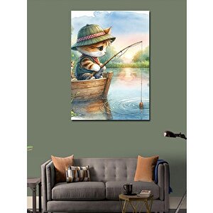 Kanvas Tablo Gölde Balık Tutan Yavru Kedi 100x140 cm