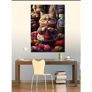 Kanvas Tablo Örgü Yapan Kedi