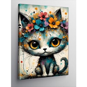 Kanvas Tablo Renkli Çiçekli Beyaz Kedi 100x140 cm