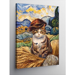 Kanvas Tablo Buğday Tarlasındaki Şapkalı Kedi 70x100 cm