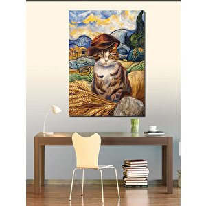 Kanvas Tablo Buğday Tarlasındaki Şapkalı Kedi 70x100 cm