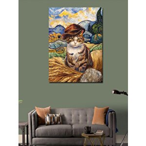 Kanvas Tablo Buğday Tarlasındaki Şapkalı Kedi 70x100 cm