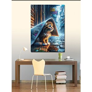 Kanvas Tablo Gazete Altında Yağmurda Islanan Kedi 100x140 cm