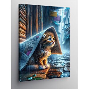 Kanvas Tablo Gazete Altında Yağmurda Islanan Kedi 70x100 cm