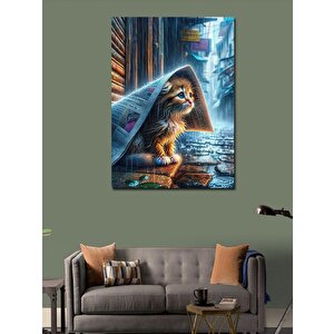 Kanvas Tablo Gazete Altında Yağmurda Islanan Kedi 70x100 cm