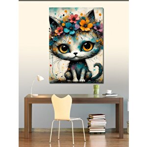 Kanvas Tablo Renkli Çiçekli Beyaz Kedi