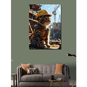 Kanvas Tablo Baret Takan İnşaatçı Kedi 70x100 cm