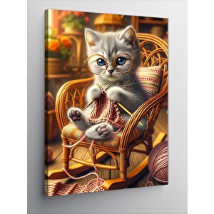 Kanvas Tablo Örgü Yapan Kedi