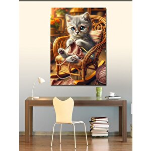 Kanvas Tablo Örgü Yapan Kedi