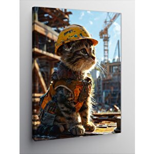 Kanvas Tablo Baret Takan İnşaatçı Kedi
