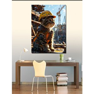 Kanvas Tablo Baret Takan İnşaatçı Kedi