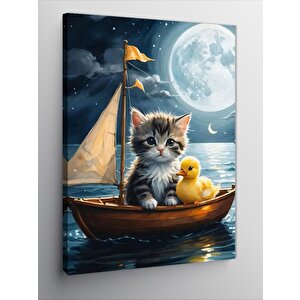Kanvas Tablo Teknedeki Yavru Kedi Ve Civciv 70x100 cm