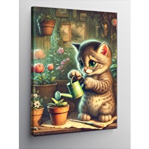 Kanvas Tablo Çiçekleri Suluyan Yavru Kedi 100x140 cm