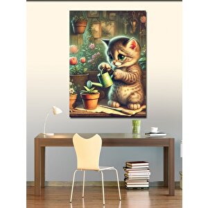 Kanvas Tablo Çiçekleri Suluyan Yavru Kedi 100x140 cm
