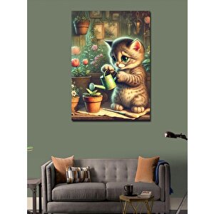 Kanvas Tablo Çiçekleri Suluyan Yavru Kedi 100x140 cm
