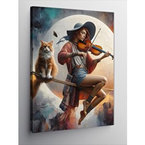 Kanvas Tablo İpte Oturan Kedi Ve Keman Çalan Kadın 100x140 cm