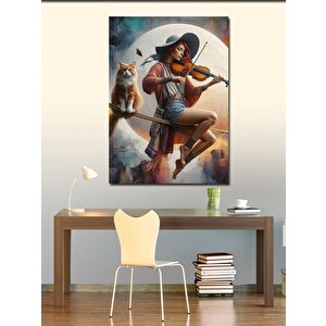 Kanvas Tablo İpte Oturan Kedi Ve Keman Çalan Kadın 100x140 cm