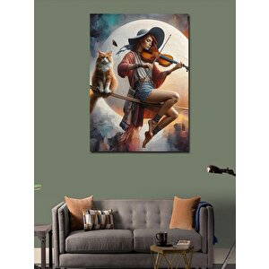 Kanvas Tablo İpte Oturan Kedi Ve Keman Çalan Kadın 100x140 cm