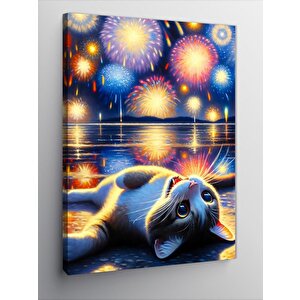 Kanvas Tablo Havai Fişekler Ve Kedi
