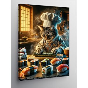Kanvas Tablo Sushi Yapan Aşçı Kedi