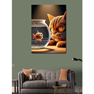 Kanvas Tablo Akvaryumdaki Balığı İzleyen Kedi 100x140 cm